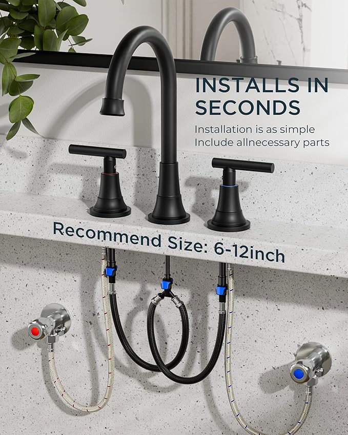 FORIOUS Black Bathroom Faucet 3 Hole Vanity, 2 Handle 360° Swivel Matte Black 8 Inch Widespread Bathroom Sink Faucet 3 Holes, with 360 Degree Rotating Spout, Pop-up Drain, Supply Lines
