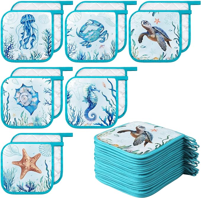 Bencailor 12 Pcs Pot Holders with Pocket Kitchen Hot Potholders Hot Pad Oven Mitts Cookie Bag Oven Gloves for Kitchen Gift Baking Cooking(Blue,Marine Animal)