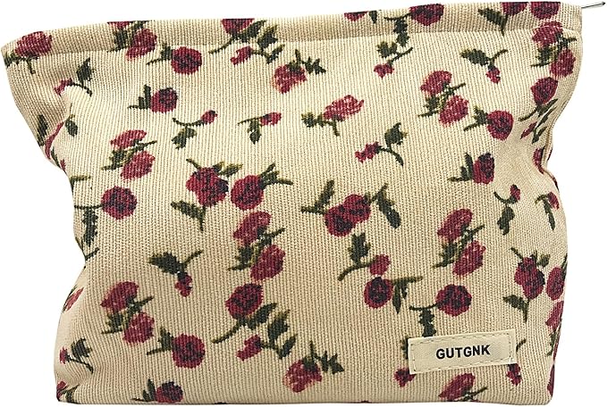 GUTGNK Corduroy Ladies Cosmetic Bag, Large Capacity Canvas Cosmetic Bag Travel Toiletry Bag Accessories Organizer, White Rose