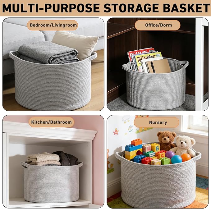 65L Large Blanket Basket,19.7" L x 19.7" W x 13" H Rope Woven Baskets with Handles, Toys Storage Bins,Laundry Basket Perfect for Living Room, Nursery,Bedroom,Home Organization,Light Gry