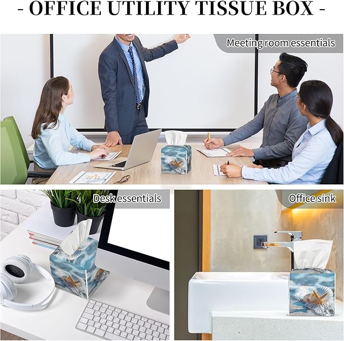 Shells Starfish on Beach Tissue Box Cover Square,Summer Ocean Shells Starfish Tissue Box Holder Waterproof Leather Facial Paper Organizer Dispenser for Bathroom Home Car Nightstand Vanity Desk