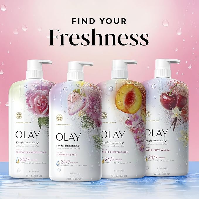 Olay Body Wash for Women, Fresh Radiance, 24/7 Skin-Loving Freshness, Visibly Radiant, Plant Based Cleansers, Vitamin B3 & Antioxidant Blend, For All Skin Types, Strawberry & Mint Scent, 29 fl oz