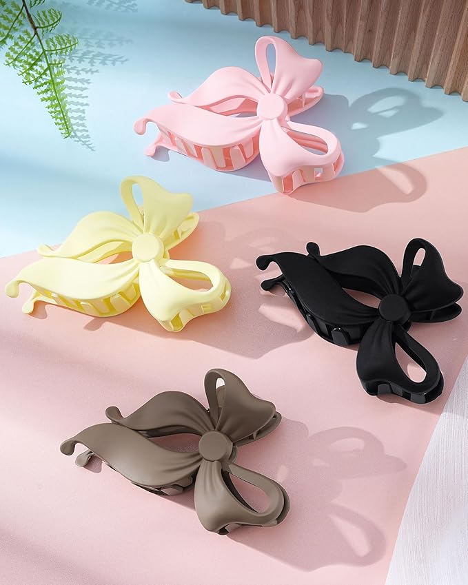 Mesovor 4 Pack Cute Bow Claw Clip for Women, Nonslip Large Matte Strong Hold Bows Hair Clips for Thin and Thick Hair | Chic Hair Styling Accessories (4.1" Black, Brown, Beige, Pink)