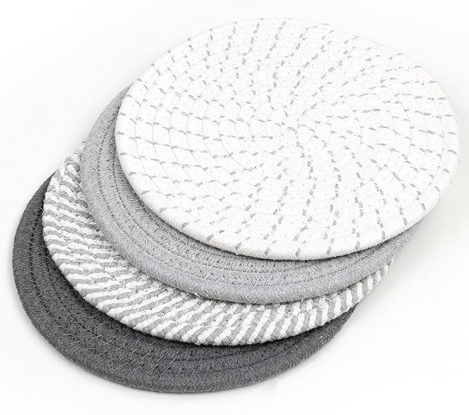SHACOS 8 Inches Trivets for Hot Dishes, 4 Pieces Cotton Trivets Mats for Kitchen, Hot Pads for Countertops and Table, Heat-Resistant Pot Holders for Hot Pots and Pans(Gray, 4pcs)