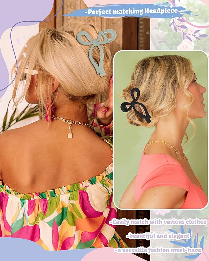 4 PCS Bow Hair Clips Bow Claw Clip for Women Nonslip Large Hair Claw Clips for Thin and Thick Hair Strong Hold Hair Bows (Purple+Rose red+Orange+Light brown)
