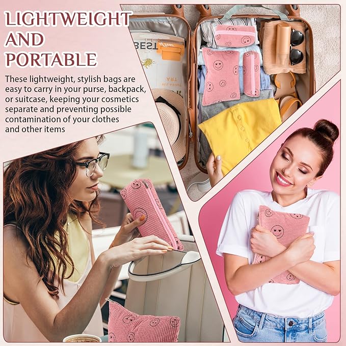 3 Pcs Makeup Bag Set for Women Corduroy Cosmetic Pouch Aesthetic Smile Travel Toiletry Bag Cute Purse Pouch Pencil Case Makeup Brushes Storage Organizer with Zipper(Pink,Smile Face)