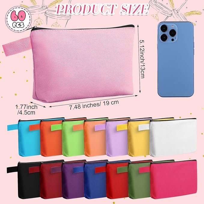 Reginary 60 Pcs Multicolor 60 Pieces Canvas Makeup Bags Bulk Portable Travel Cosmetic Pouch Multipurpose Blank Toiletry Bag with Zipper for Women DIY Craft (7.5 x 5 x 2 Inch)