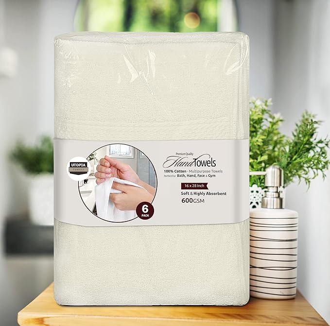 Utopia Towels 6 Pack Premium Hand Towels Set, 16 by 28 inches, 100% Ring Spun Cotton, Ultra Soft and Highly Absorbent 600GSM Towels for Bathroom, Gym, Shower, Hotel, and Spa, Ivory