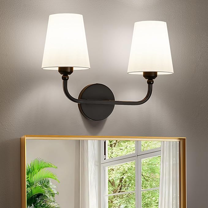 Bathroom Vanity Light, Matte Black Bathroom Light Fixtures, 2-Light Lighting Fixtures Over Mirror, Modern Wall Sconce with Flared White Fabric Shade, E26 Socket(ETL Listed)
