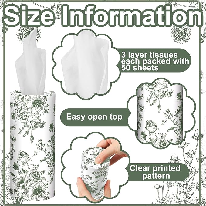 Zonon 8 Pcs Car Tissues Holder Sage Green Floral Round Box with Facial Tissue Bulk Flower Car Tissues Cylinder with 50 Sheets Face Towel Fit for Fall Cube Box Vintage Round Tubes Cup Holder Container