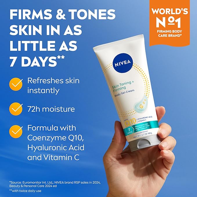 NIVEA Sheer Hydration Skin Firming Body Lotion (16.9 Fl Oz) + Skin Firming & Toning Body Gel Cream with Hyaluronic Acid (6.7 Oz), Enriched with Q10 and Vitamin C