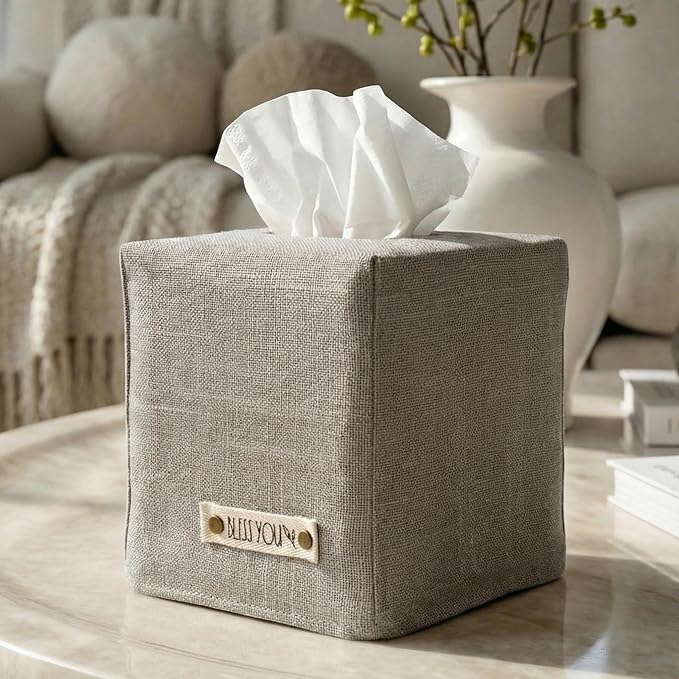 Stylish Tissue Box Cover - This Gray Linen Holder Instantly Covers Your Square Tissue Boxes - The Perfect Cube Cover for Your Bathroom and Home