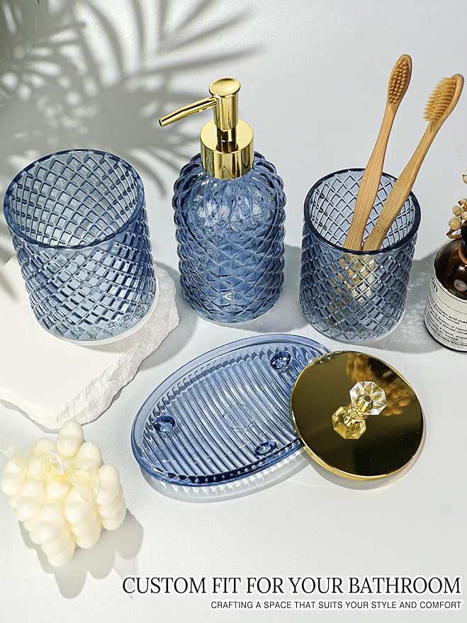 Blue Bathroom Accessories Set, 4Pcs Glass Bathroom Accessory Set Complete w/Lotion Soap Dispenser, Toothbrush Holder, Qtip Holder, Soap Dish, Gold Bathroom Decor Sets, Gift for Home Apartment