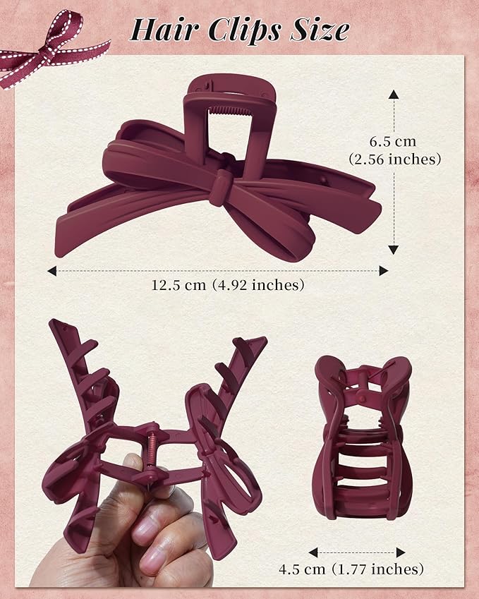 Mesovor 4 Pack Cute Bow Claw Clips, Nonslip 4.92" Large Matte Strong Hold Bows Hair Clips for Thin and Thick Hair | Chic Hairclips for Holidays or Everyday Hairstyle (Red Matte)
