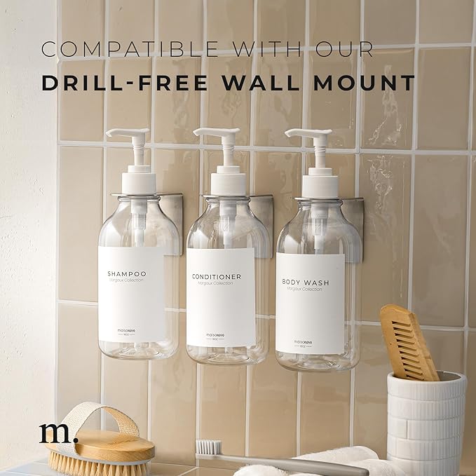 MaisoNovo Refillable Shampoo and Conditioner Bottles - 16.9 fl oz Set of 3 Clear Plastic Bottles White Pumps