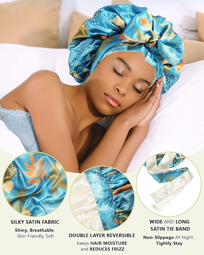 Satin Bonnet Silk Hair Wrap for Sleeping - Reversible Cap with Tie Band Night Cap Double Layer for Curly Hair (Lake Blue Leaves + Champagne)