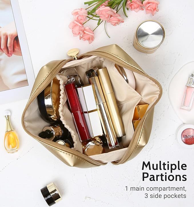 Aveniee Small Travel Makeup Bag, Vegan Leather Cosmetic Pouch for Purse,Wide-open Toiletry Organizer with Dividers & Zipper, Beauty Storage for Women-Gold