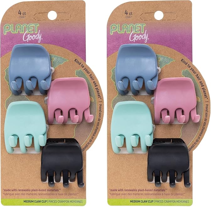 Planet Goody Plant-Based Heritage Claw Clips, Medium, Extra Strong, Bright Colors, Pink, Periwinkle, Green, And Black, 4 Count (Pack of 2)