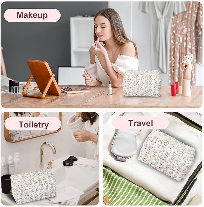 Quilted Makeup Bag Floral Cotton Make up Bag Puffy Coquette Makeup pouch Aesthetic Cute Travel Toiletry Bag for Women Girls