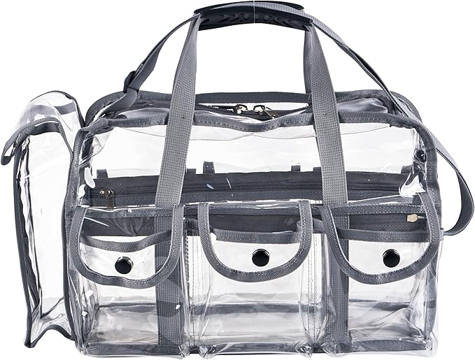 Wide Mouth Large Professional Clear PVC Travel Makeup Artist Set Bag Cosmetic Nails Beauty Bags Transparent Vinyl Tool Organizer Work Bag Beach Bags Diaper Bag with 6 External Pockets & Strap (Grey)