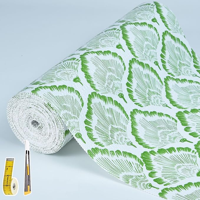 Shelf and Drawer Liner, 17in x 20FT Double Layer PVC Non-Adhesive Non-Slip Waterproof, Green Leaf for Kitchen Cabinets, Pantry, Bathroom, Dresser with Knife and Tape Measure