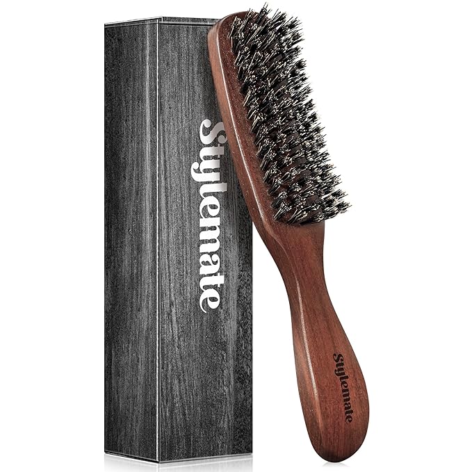 Hair Brush for Men, Mens Boar Bristle Slick Back Hair Brush with Natural Stiff Bristles & Wooden Walnut Handle for Thick & Fine Hair Smoothing, Detangling, Styling, Beard Straightens