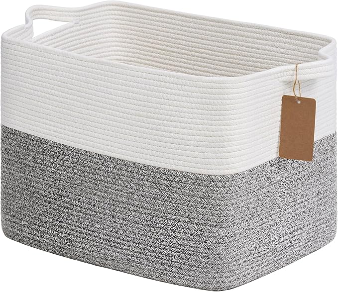 Goodpick Woven Storage Basket, Cotton Rope Baskets with Handles, Toy Baskets Storage Kids, Blanket Basket for Living Room, Bedroom, Gray and White, 18 x 14 x 12 Inches