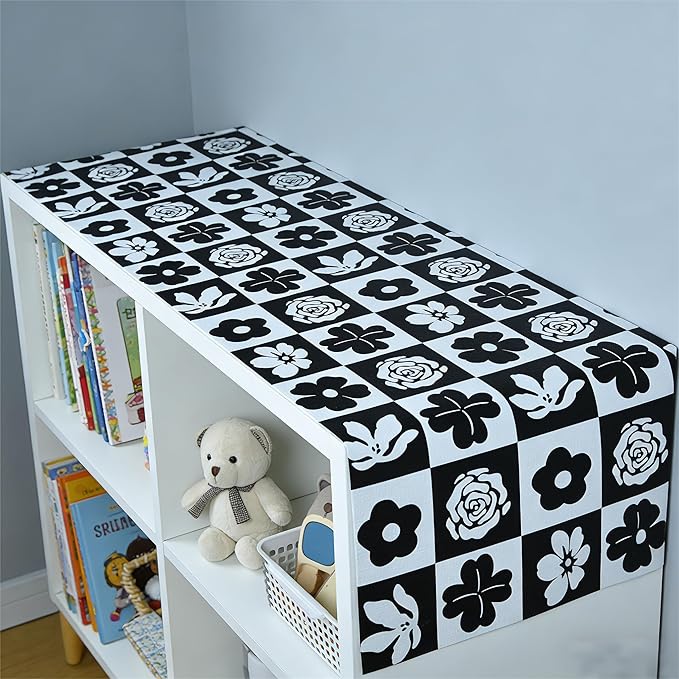 Drawer and Shelf Liner for Kitchen Cabinet,Non Adhesive Anti-Slip Double Layer PVC Waterproof Easy Clean for Dresser Bathroom Refrigerator with Knife Tape Measure(17 in X 20 Ft Black & White Flowers)