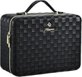 Leather Makeup Case with LED Lighted Mirror 11.4 Inch Travel Makeup Bag Adjustable Brightness in 3 Colors Cosmetic Organizer Artist Storage Bag with Dividers Brush Holder Bag Vanity Black Checkerboard