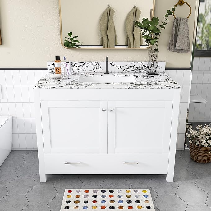 Montary 42" Bathroom Vanity with 43" Artificial Marble Black White Top, Modern Stylish MDF Bathroom Storage Cabinet, Vanity Set with 2 Doors and One Large Divided Drawer, White (Single Hole)