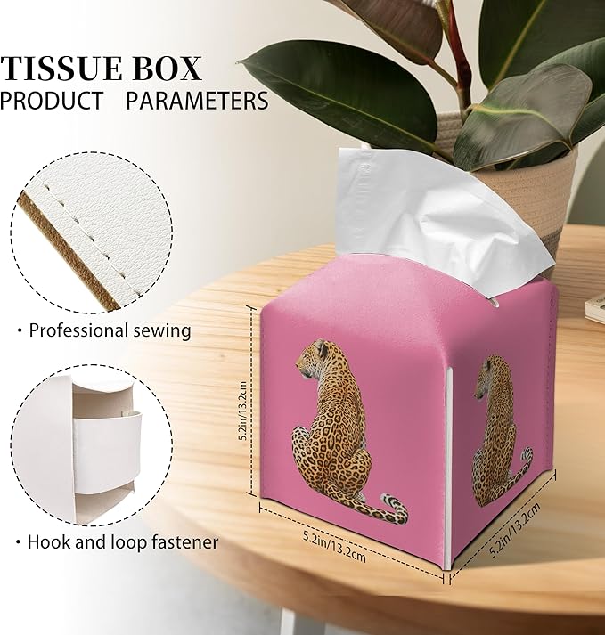 Grace Yonks Cute Tissue Box Cover Square - Leopard Cat Print on Hot Pink Background Design 5.2" PU Leather Holder for Vanity, Desk, or Bathroom Counter - Cube Case for Facial Tissues(015)