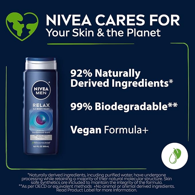 Nivea Men Relax 3-in-1 Body Wash, Lavender and Sandalwood Scented Men's Body Wash Cleanses Face, Body and Hair, 16.9 Fl Oz Bottle, Pack of 6