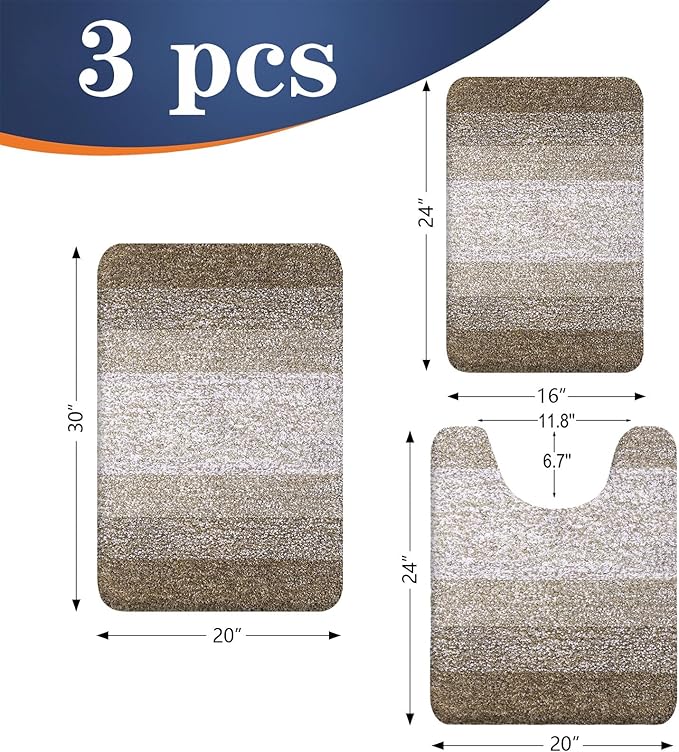 OLANLY Bathroom Rugs Sets 3 Piece, Soft Absorbent Microfiber Bath Mats and U-Shaped Contour Toilet Rug, Plush Shaggy Bath Mat Set for Bathroom (30"x20"+24"x16"+24"x20", Coffe)