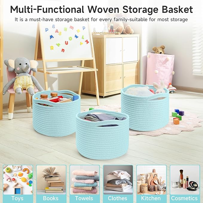 Small Rope Baskets for Storage, Baskets for Gifts Empty, Cute Round Woven Basket, Decorative Shelf Baskets 9.82×9.82×7.1", Cotton Toy Basket Storage Bins for Organizer 3 Packs