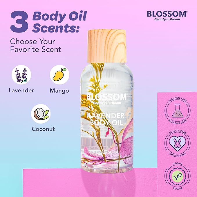 Blossom Dry Body Oil, Scented Body Oils for Women Moisturizing and Hydrating Skincare, Dry Oil for Body Infused with Real Flowers, 2 fl. oz/60ml, Purple, Lavender