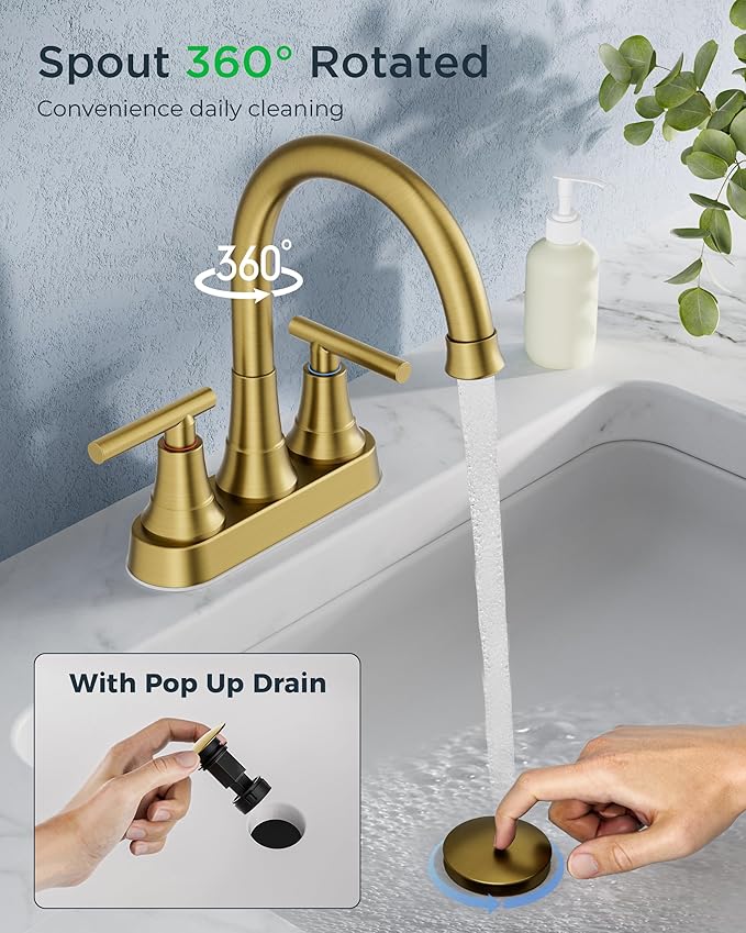 FORIOUS Brushed Gold Centerset Bathroom Faucets for Sink 2 or 3 Hole, 4 Inch Bathroom Sink Faucet with Pop up Drain and Lead-Free cUPC Hose, 360° spout, Two Handles for Restroom,Vanity, RV Remodel