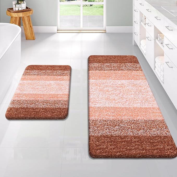 OLANLY Bathroom Rug Set 2 Piece, Soft Absorbent Microfiber Bath Rug Set, Non-Slip, Machine Wash Dry, Plush Shaggy Bath Mats for Bathroom (47"x20"+24"x16", Orange)