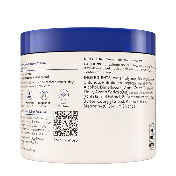 Aveeno Skin Relief Intense Moisture Repair Body Cream with Triple Oat & Shea Butter Formula, Helps Heal, Repair & Restore Very Dry Skin with Long-Lasting Moisture, Fragrance-Free, 11 oz