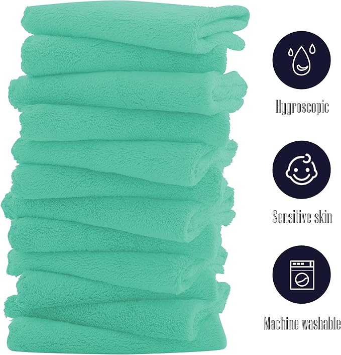 16 Pack Baby Washcloths - 10x10 Inch, Coral Fleece - Extra Absorbent and Soft Wash Clothes for Newborns, Infants and Toddlers - Suitable for Sensitive Skin and New Born - Baby Shower - Aqua Green