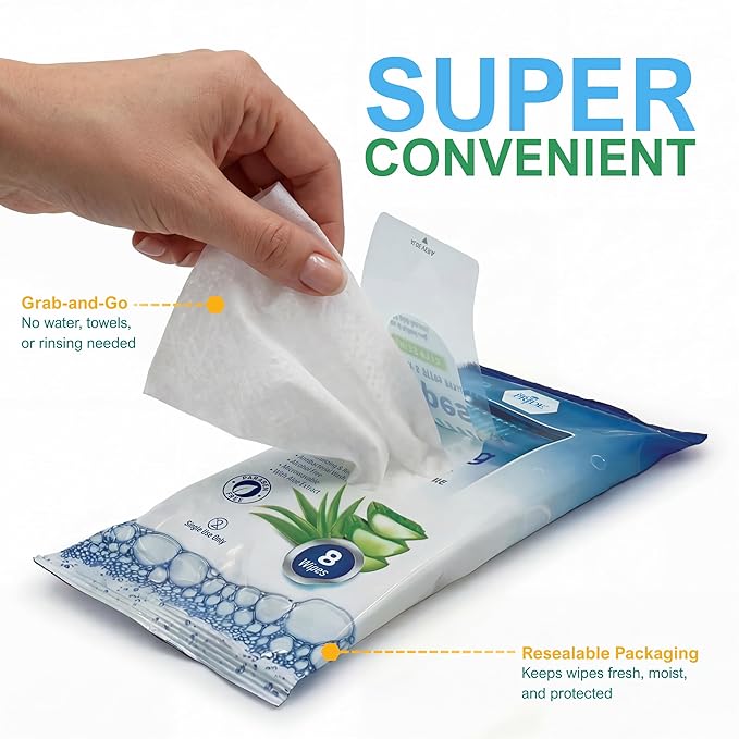 MED PRIDE Hospital Wipes for Bathing, Waterless Rinse Free Bath Wipes for Adults, Microwavable Soft Thick, 12 Packs (96 Count), Aloe Vera