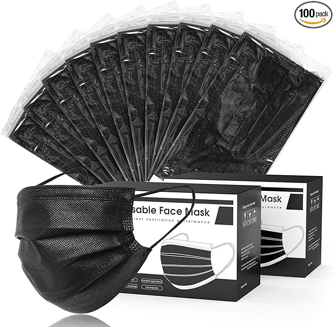 Hyegiir 3 Ply 100 Pack Disposable Face Masks Individually Wrapped For Daily Protection (Black)