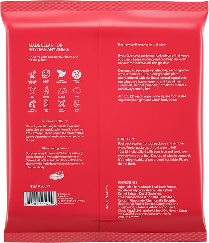 HyperGo XL Body Wipes for Women & Men – 12" x12" Rinse-Free Full Body Cleansing Wipes 2-20 Count Packs - Citrus | Biodegradable, Hypoallergenic, Aloe-Infused | Gym, Festival, Camping Essentials