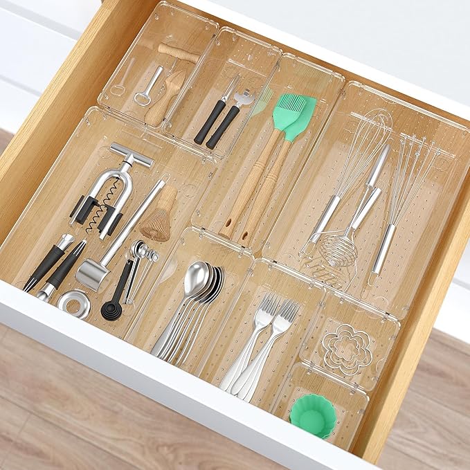 23 PCS Clear Plastic Drawer Organizers Set, 4 Size Desk Drawer Organizer Trays for Makeup, Jewelry, Kitchen Utensils, Gadgets and Office Accessories