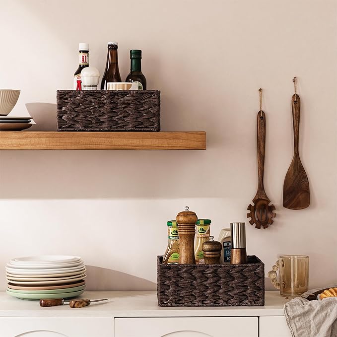 UBBCARE Storage Baskets with Label, Wicker Pantry Baskets for Shelves, Waterproof Woven Basket for Organizing, 2-Pack Plastic Rectangle Organizers with Handles, Dark Brown (10L×8H×4W)
