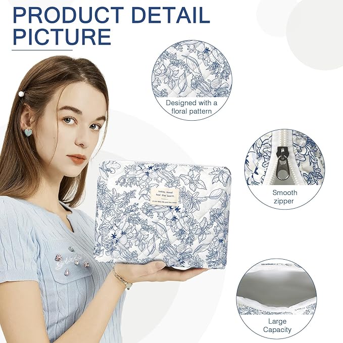 Floral Makeup Bag, Small Cosmetic Bag for Women Girls, Cute Cotton Makeup Bag, Quilted Makeup Bags, Flower Travel Toiletry Organizer Bag(Navy Blue)