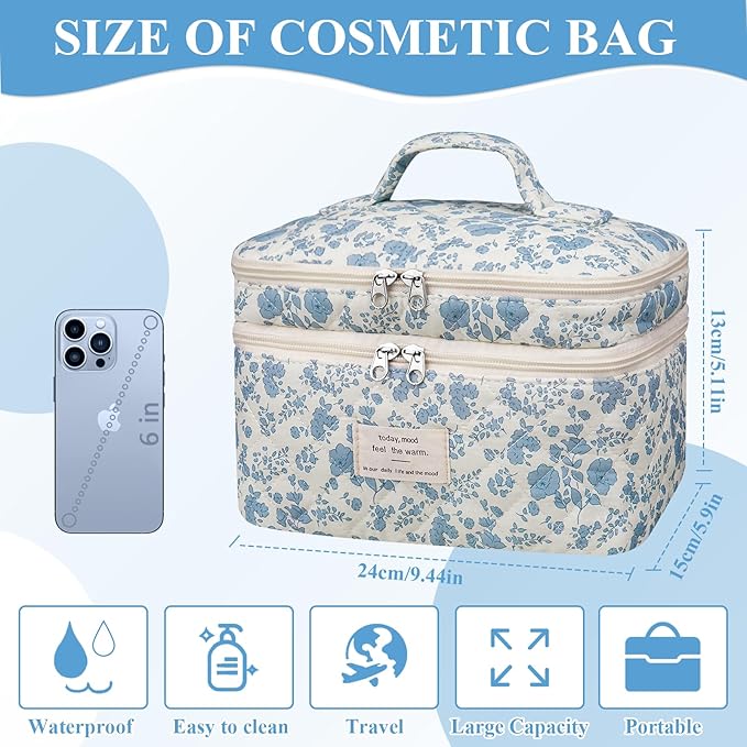 Makeup bag, Large Cosmetic Bag for Women Girls, Cute Quilted Makeup Bags, Floral Coquette Aesthetic Toiletry Bag, Travel Make Up Organizer Bag (Pink)