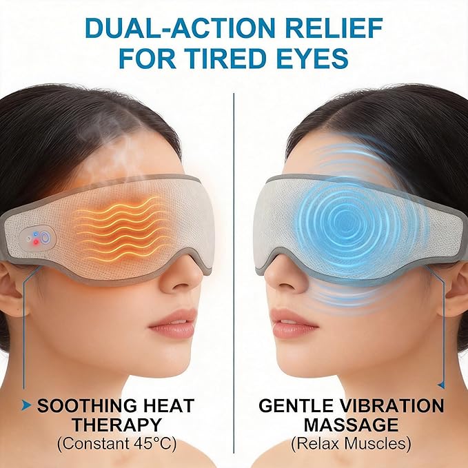 SENAINS Cordless Heated Eye Mask with Vibration - 3D Contoured Warm Compress for Dry Eyes, Migraine & Stye Relief - Electric Sleep Mask with Cold Gel Pack, Magnetic Charging, Auto-Off (Gray)