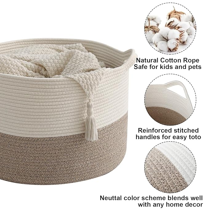 115L Large Blanket Basket,23.6" L x 23.6" W x 15.7" H Rope Woven Baskets with Handles, Toys Storage Bins,Laundry Basket Perfect for Living Room, Nursery,Bedroom,Home Organization,White&Brown