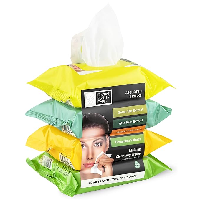Global Beauty Care Assorted Makeup Remover Wipes Variety Pack - Green Tea, Aloe Vera, Vitamin C & Cucumber Extract Facial Cloths, Removes Waterproof Mascara Oil & Dirt, All Skin Types 120 Ct (4-Pack)