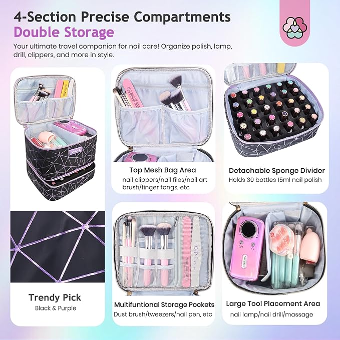 SAVILAND Nail Polish Organizer Bag: PU Leather Nail Kit Organizer Holds 30 Bottles & Nail Lamp, Black Nail Supply Organizer Nail Polish Carrying Case Gel Nail Organizers and Storage Box for Nail Tech